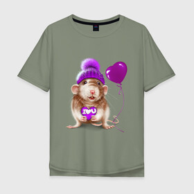 Мужская футболка хлопок Oversize с принтом Крыска с шариком , 100% хлопок | свободный крой, круглый ворот, “спинка” длиннее передней части | heart | lovely | крыса | крыска | любовь | мими | романтика | сердечки | сердце | шарик