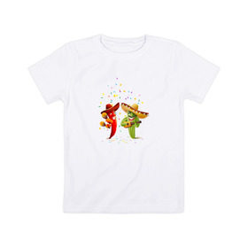 Детская футболка хлопок с принтом Веселый Кактус и Перец Чили , 100% хлопок | круглый вырез горловины, полуприлегающий силуэт, длина до линии бедер | гитара | кактусы | маракасы | мексика | музыкальный инструмент | перец | перец чили | рисунок | самбреро