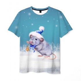 Мужская футболка 3D с принтом Рождественская Крыска , 100% полиэфир | прямой крой, круглый вырез горловины, длина до линии бедер | Тематика изображения на принте: 
