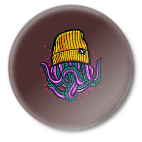 Значок с принтом Octopus(Lil Peep, GBC) ,  металл | круглая форма, металлическая застежка в виде булавки | gbc | lil | peep | rap | rock | бордовый | желтый | зеленый | исполнитель | картинка | надпись на спине | осьминог | редактируемый дизайн | рок | рэп | рэпер | сочный цвет | фиолетовый