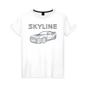 Женская футболка хлопок с принтом Nissan Skyline GTR R34 , 100% хлопок | прямой крой, круглый вырез горловины, длина до линии бедер, слегка спущенное плечо | bnr | drag | drift | godzila | gtr | gtr r34 | jdm | nisan | nismo | nissan gtr | nur spec | r34 | r34 gtr | rb26 | sky | sky gtr | skyline | skyline34 | авто | гонки | ждм | нисан | ниссан | скайлайн