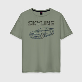 Женская футболка хлопок Oversize с принтом Nissan Skyline GTR R34 , 100% хлопок | свободный крой, круглый ворот, спущенный рукав, длина до линии бедер
 | bnr | drag | drift | godzila | gtr | gtr r34 | jdm | nisan | nismo | nissan gtr | nur spec | r34 | r34 gtr | rb26 | sky | sky gtr | skyline | skyline34 | авто | гонки | ждм | нисан | ниссан | скайлайн