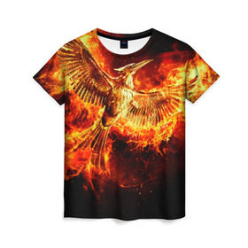 Женская футболка 3D с принтом Феникс в огне , 100% полиэфир ( синтетическое хлопкоподобное полотно) | прямой крой, круглый вырез горловины, длина до линии бедер | fire | flame | phoenix | крылья | огонь | перья | пламя | птица | феникс