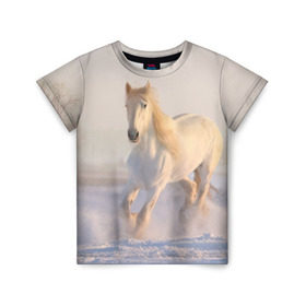 Детская футболка 3D с принтом Белая лошадь на снегу , 100% гипоаллергенный полиэфир | прямой крой, круглый вырез горловины, длина до линии бедер, чуть спущенное плечо, ткань немного тянется | белая | белый | декабрь | животное | животные | звери | зверь | зима | зимний | зимой | кони | конь | копытные | копытный | лошади | лошадь | снег | снега | снегу | снежный | февраль | январь