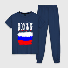 Женская пижама хлопок с принтом Boxing , 100% хлопок | брюки и футболка прямого кроя, без карманов, на брюках мягкая резинка на поясе и по низу штанин | Тематика изображения на принте: boxer | boxing | russia team | бокс | боксер | кикбоксинг | россия | сборная россии | тайский бокс