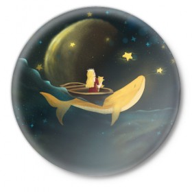 Значок с принтом Девушка и кит в облаках ,  металл | круглая форма, металлическая застежка в виде булавки | вечер | волшебство | девочка | звезды | иллюстрация | кит | космос | магия | небо | ночь | облака | планета