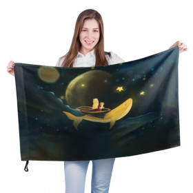 Флаг 3D с принтом Девушка и кит в облаках , 100% полиэстер | плотность ткани — 95 г/м2, размер — 67 х 109 см. Принт наносится с одной стороны | Тематика изображения на принте: вечер | волшебство | девочка | звезды | иллюстрация | кит | космос | магия | небо | ночь | облака | планета