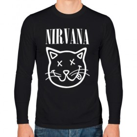 Мужской лонгслив хлопок с принтом NIRVANA , 100% хлопок |  | Тематика изображения на принте: cat | kitty | nirvana | smile | кот | курт кобейн | нирвана | смайл