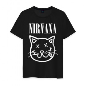 Мужская футболка хлопок с принтом NIRVANA , 100% хлопок | прямой крой, круглый вырез горловины, длина до линии бедер, слегка спущенное плечо. | Тематика изображения на принте: cat | kitty | nirvana | smile | кот | курт кобейн | нирвана | смайл
