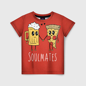 Детская футболка 3D с принтом Beer , 100% гипоаллергенный полиэфир | прямой крой, круглый вырез горловины, длина до линии бедер, чуть спущенное плечо, ткань немного тянется | Тематика изображения на принте: beer | pizza | soulmates | кружка | пицца