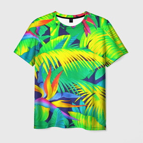 Мужская футболка 3D с принтом ТРОПИКИ , 100% полиэфир | прямой крой, круглый вырез горловины, длина до линии бедер | bright | colorful | neon | retro | vintage | винтаж | неон | неоновые | пальмы | ретро | ретро неон | тропики | тропические листья