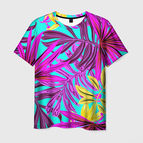 Мужская футболка 3D с принтом ТРОПИЧЕСКИЙ , 100% полиэфир | прямой крой, круглый вырез горловины, длина до линии бедер | bright | colorful | neon | retro | vintage | винтаж | неон | неоновые | пальмы | ретро | ретро неон | тропики | тропические листья