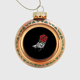 Стеклянный ёлочный шар с принтом Рука скелета с розой , Стекло | Диаметр: 80 мм | core | hand | hardcore | skeleton | tatoo | роза | романтика | рука | скелет | тату | цветок | черный фон