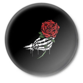 Значок с принтом Рука скелета с розой ,  металл | круглая форма, металлическая застежка в виде булавки | Тематика изображения на принте: core | hand | hardcore | skeleton | tatoo | роза | романтика | рука | скелет | тату | цветок | черный фон