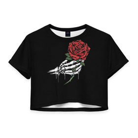 Женская футболка Cropp-top с принтом Рука скелета с розой , 100% полиэстер | круглая горловина, длина футболки до линии талии, рукава с отворотами | core | hand | hardcore | skeleton | tatoo | роза | романтика | рука | скелет | тату | цветок | черный фон