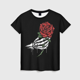 Женская футболка 3D с принтом Рука скелета с розой , 100% полиэфир ( синтетическое хлопкоподобное полотно) | прямой крой, круглый вырез горловины, длина до линии бедер | core | hand | hardcore | skeleton | tatoo | роза | романтика | рука | скелет | тату | цветок | черный фон
