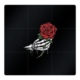 Магнитный плакат 3Х3 с принтом Рука скелета с розой , Полимерный материал с магнитным слоем | 9 деталей размером 9*9 см | Тематика изображения на принте: core | hand | hardcore | skeleton | tatoo | роза | романтика | рука | скелет | тату | цветок | черный фон