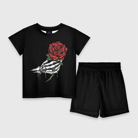 Детский костюм с шортами 3D с принтом Рука скелета с розой ,  |  | core | hand | hardcore | skeleton | tatoo | роза | романтика | рука | скелет | тату | цветок | черный фон