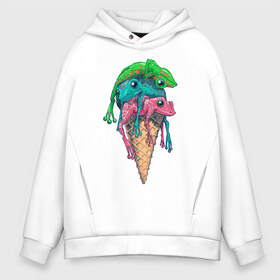 Мужское худи Oversize хлопок с принтом IceCream , френч-терри — 70% хлопок, 30% полиэстер. Мягкий теплый начес внутри —100% хлопок | боковые карманы, эластичные манжеты и нижняя кромка, капюшон на магнитной кнопке | Тематика изображения на принте: cold | frog | frogs | horn | ice cream | summer | toad | winter | жаба | жабы | зима | картинка | картинки | лето | лягушка | лягушки | мороженное | мороженое | рожок | холодно