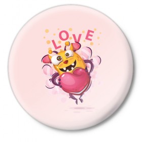 Значок с принтом LOVE ,  металл | круглая форма, металлическая застежка в виде булавки | bee | bright | cool | funny | heart | веселый | забавный | прикольный | пчелка | сердце | яркий