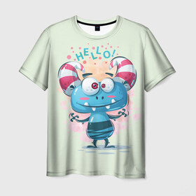 Мужская футболка 3D с принтом HELLO , 100% полиэфир | прямой крой, круглый вырез горловины, длина до линии бедер | bright | cute monsters | fun | funny | веселый | милый монстрик | прикольный | яркий забавный