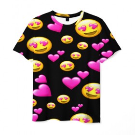 Мужская футболка 3D с принтом ВЛЮБЛЕННЫЕ СМАЙЛИКИ , 100% полиэфир | прямой крой, круглый вырез горловины, длина до линии бедер | emoji | настроение | позитив | смайлики | смайлы | стикеры | текстура смайл | улыбки | фон смайл | эмодзи