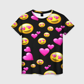 Женская футболка 3D с принтом ВЛЮБЛЕННЫЕ СМАЙЛИКИ , 100% полиэфир ( синтетическое хлопкоподобное полотно) | прямой крой, круглый вырез горловины, длина до линии бедер | Тематика изображения на принте: emoji | настроение | позитив | смайлики | смайлы | стикеры | текстура смайл | улыбки | фон смайл | эмодзи