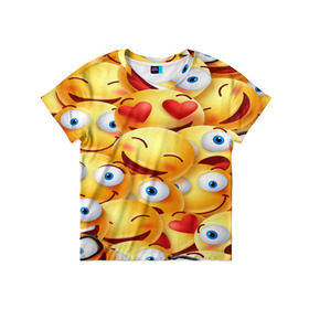 Детская футболка 3D с принтом emoji , 100% гипоаллергенный полиэфир | прямой крой, круглый вырез горловины, длина до линии бедер, чуть спущенное плечо, ткань немного тянется | emoji | настроение | позитив | смайлики | смайлы | стикеры | текстура смайл | улыбки | фон смайл | эмодзи