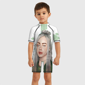 Детский купальный костюм 3D с принтом BILLIE EILISH , Полиэстер 85%, Спандекс 15% | застежка на молнии на спине | bad guy | billie | eilish | ocean eyes | айлиш | билли | девушка | певица | эйлиш