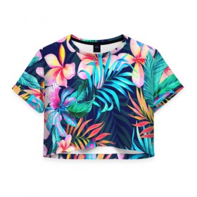 Женская футболка Cropp-top с принтом TROPIC FLOWER , 100% полиэстер | круглая горловина, длина футболки до линии талии, рукава с отворотами | bright | colorful | neon | retro | vintage | винтаж | неон | неоновые | пальмы | ретро | ретро неон | тропики | тропические листья