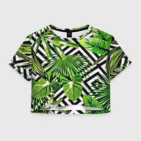 Женская футболка Cropp-top с принтом TROPIC TEXTURE , 100% полиэстер | круглая горловина, длина футболки до линии талии, рукава с отворотами | bright | colorful | neon | retro | vintage | винтаж | неон | неоновые | пальмы | ретро | ретро неон | тропики | тропические листья