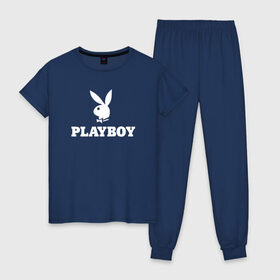 Женская пижама хлопок с принтом PLAYBOY , 100% хлопок | брюки и футболка прямого кроя, без карманов, на брюках мягкая резинка на поясе и по низу штанин | brazzers | cекс | merch | new sensations | playboy | private | tushy | бразерс | мерч | плейбой