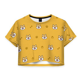 Женская футболка Cropp-top с принтом Сиба-ину. Акита-ину. (Жёлтая) , 100% полиэстер | круглая горловина, длина футболки до линии талии, рукава с отворотами | сиба ину