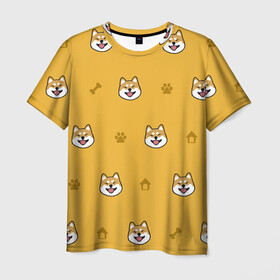 Мужская футболка 3D с принтом Сиба-ину. Акита-ину. (Жёлтая)  , 100% полиэфир | прямой крой, круглый вырез горловины, длина до линии бедер | сиба ину