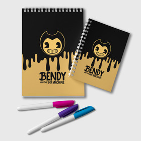 Блокнот с принтом Bendy And The Ink Machine , 100% бумага | 48 листов, плотность листов — 60 г/м2, плотность картонной обложки — 250 г/м2. Листы скреплены удобной пружинной спиралью. Цвет линий — светло-серый
 | Тематика изображения на принте: bendy | bendy and the ink machine | бенди | бени | бенни | детская | детям | игра | капли | компьютерная игра | краска | машина | подтеки | розовая | ужастик