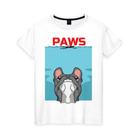 Женская футболка хлопок с принтом PAWS , 100% хлопок | прямой крой, круглый вырез горловины, длина до линии бедер, слегка спущенное плечо | animal | bulldog | cute | dog | jaws | paws | pet | pog | sea | swim | бульдог | лапки | лапы | мопс | море | питомец | собака | челюсти