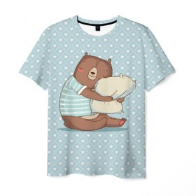 Мужская футболка 3D с принтом Сонный мишка с подушкой , 100% полиэфир | прямой крой, круглый вырез горловины, длина до линии бедер | медведь | милота | милый | милый мишка | миша | мишка | подушка | сон | сонный | спит