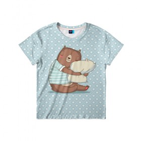 Детская футболка 3D с принтом Сонный мишка с подушкой , 100% гипоаллергенный полиэфир | прямой крой, круглый вырез горловины, длина до линии бедер, чуть спущенное плечо, ткань немного тянется | медведь | милота | милый | милый мишка | миша | мишка | подушка | сон | сонный | спит