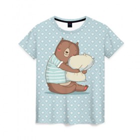 Женская футболка 3D с принтом Сонный мишка с подушкой , 100% полиэфир ( синтетическое хлопкоподобное полотно) | прямой крой, круглый вырез горловины, длина до линии бедер | медведь | милота | милый | милый мишка | миша | мишка | подушка | сон | сонный | спит
