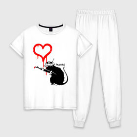 Женская пижама хлопок с принтом BANKSY , 100% хлопок | брюки и футболка прямого кроя, без карманов, на брюках мягкая резинка на поясе и по низу штанин | banksy | heart | бэнкси | сердце