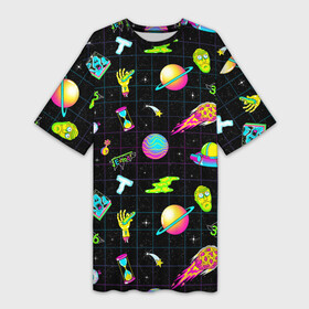 Платье-футболка 3D с принтом Rick and Morty universe ,  |  | Тематика изображения на принте: dsgngerzen | rick and morty universe | vdgerir | изотоп | комета | космический корабль | планета | портальная пушка | приключение морти | рик и морти