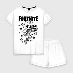 Женская пижама с шортиками хлопок с принтом FORTNITE MARSHMELLO , 100% хлопок | футболка прямого кроя, шорты свободные с широкой мягкой резинкой | chapter 2 | fortnite | marshmello | диджей | игры | маршмэллоу | молоток | фортнайт