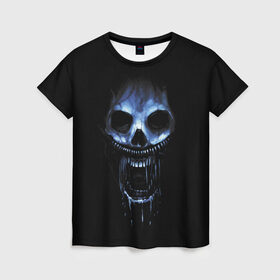 Женская футболка 3D с принтом Ужас , 100% полиэфир ( синтетическое хлопкоподобное полотно) | прямой крой, круглый вырез горловины, длина до линии бедер | 31 | black | blue | fear | grin | halloween | horror | jaw | night | orbits | saliva | skull | teeth | глазницы | зубы | ночь | оскал | синий | слюна | ужас | хэллоуин | череп | черный