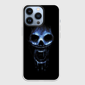Чехол для iPhone 13 Pro с принтом Ужас ,  |  | Тематика изображения на принте: 31 | black | blue | fear | grin | halloween | horror | jaw | night | orbits | saliva | skull | teeth | глазницы | зубы | ночь | оскал | синий | слюна | ужас | хэллоуин | череп | черный