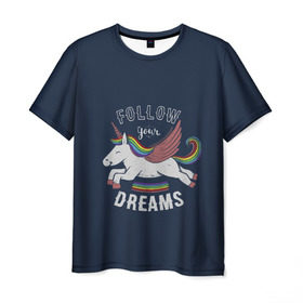 Мужская футболка 3D с принтом Unicorn. Follow your Dreams , 100% полиэфир | прямой крой, круглый вырез горловины, длина до линии бедер | care | dream | fantasy | horn | horse | magic | night | rainbow | star | stars | unicorn | единорог | звезда | звезды | инрог | конь | лошадь | магия | мечта | ночь | радуга | рог | фантастика | фентези