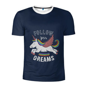 Мужская футболка 3D спортивная с принтом Unicorn. Follow your Dreams , 100% полиэстер с улучшенными характеристиками | приталенный силуэт, круглая горловина, широкие плечи, сужается к линии бедра | Тематика изображения на принте: care | dream | fantasy | horn | horse | magic | night | rainbow | star | stars | unicorn | единорог | звезда | звезды | инрог | конь | лошадь | магия | мечта | ночь | радуга | рог | фантастика | фентези
