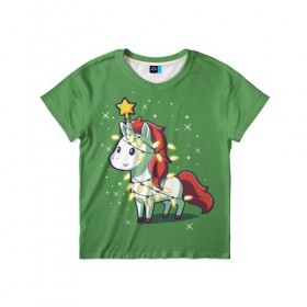 Детская футболка 3D с принтом Magical Unicorn , 100% гипоаллергенный полиэфир | прямой крой, круглый вырез горловины, длина до линии бедер, чуть спущенное плечо, ткань немного тянется | 202 | christmas | new year | unicorn | гирлянда | единорог | елка | новый год | праздник | рождество