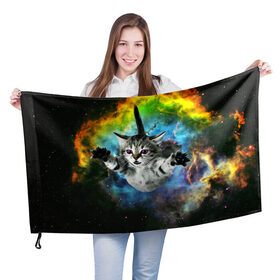 Флаг 3D с принтом КОСМИЧЕСКИЙ КОТ , 100% полиэстер | плотность ткани — 95 г/м2, размер — 67 х 109 см. Принт наносится с одной стороны | cat | cats | животные | киса | киска | кот | котики | коты | котэ | кошка | природа