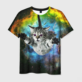 Мужская футболка 3D с принтом КОСМИЧЕСКИЙ КОТ , 100% полиэфир | прямой крой, круглый вырез горловины, длина до линии бедер | Тематика изображения на принте: cat | cats | животные | киса | киска | кот | котики | коты | котэ | кошка | природа