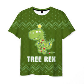 Мужская футболка 3D с принтом Tree Rex , 100% полиэфир | прямой крой, круглый вырез горловины, длина до линии бедер | christmas tree | new year | t rex | tyrannosaurus | динозавр | елка | ель | новый год | свитер | тиранозавр